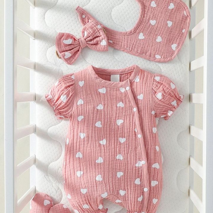 Baby%20Girls%204pcs%20Summer%20O-Round%20%20Cotton%20Soft%20Printing%20Heart%20Streetwear%20Cute%20Bodysuit%20-%20Image%207