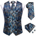 Hi-Tie Black Men Vest Paisley Jacquard Necktie Hankerchief Cufflinks Sets Male Sleeveless V-Neck Waistcoat Business Formal.