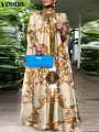 Plus Size 5XL VONDA Elegant Party Women Sundress Bohemian Stand Collar Sleeveless Printed Maxi Dress Casual Bat Sleeve Long Robe. 