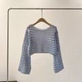 Fishnet Crochet Top Long Sleeve Crop Pullover Women Summer Cover Up Open-knit Blouse Y2K Grunge Outfit. 