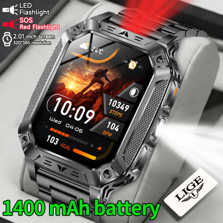 LIGE Smart Watch Men 1400mAh Big Battery Outdoor Flashlight Fitness Tracker 2.01inch Screen Bluetooth Call Snartwatch