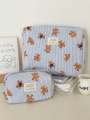 1 piece/set of striped bear quilted makeup bag, portable storage makeup bag, cute bear makeup bag, multifunctional makeup bag. 