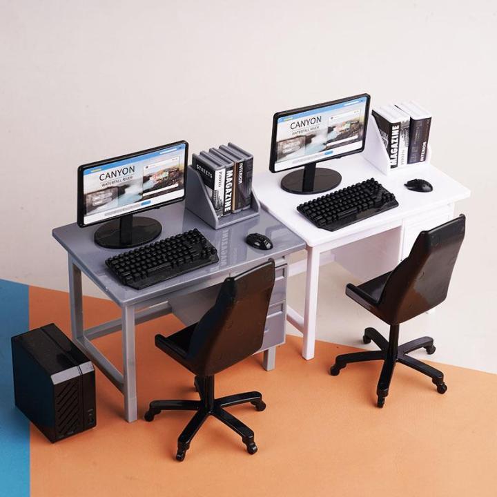 1/12 Scale Dollhouse Miniature Computer Keyboard Desk Chair Set - Home Study Room Furniture Decor Micro Scene Props Kit
