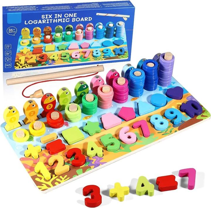 6 in 1 Wooden Montessori Learning Toy, Magnetic Fishing Game, 6-in-1 Wooden Blocks Puzzle Board Set Numbers, Fruits, Traffic, Characters, Animals, and Career Matching for Toddlers Preschool Montessori Counting Educational Wooden Toy