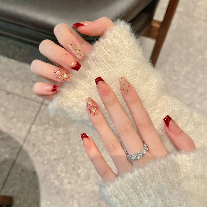 Handmade%20Press%20on%20Nails%20Shiny%20Cat%20Eye%20French%20Dot%20Grid%20Fake%20Nail%20Tips%20Women%20Girl%20Wearable%20Red%20New%20Year%20Sweet%20Korean%20False%20Nails%20-%20Image%206