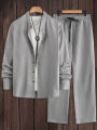 Men's 2 Piece Textured Outfits, Light Gray Stand Collar Shirt & Drawstring Pants Set.