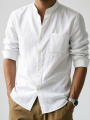 Minimalist Men's White Linen Button-Down Shirt, Stand Collar, Modern Office & Weekend Essential.