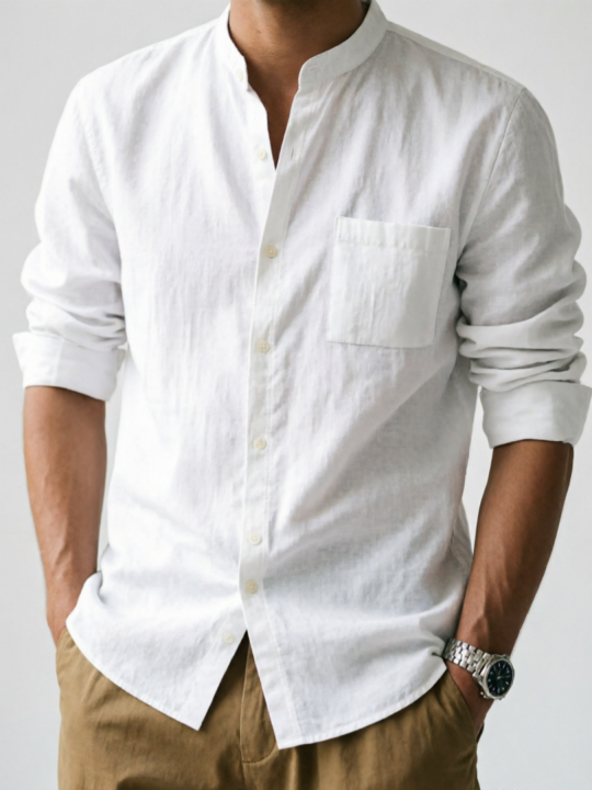 Minimalist Men's White Linen Button-Down Shirt, Stand Collar, Modern Office & Weekend Essential