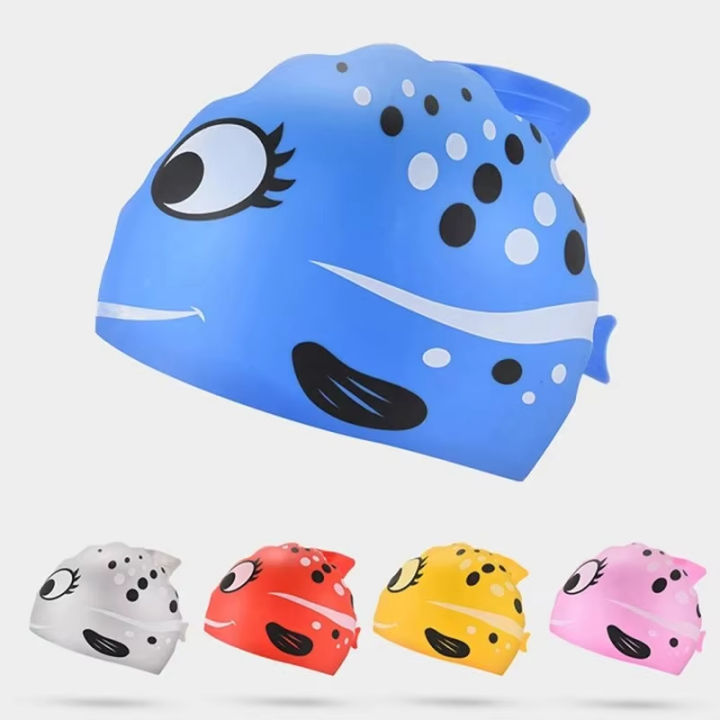 Children's Silicone Waterproof Swimming Cap - Cartoon Fish Spot Design Unisex Soft No Pressure for Boys Girls
