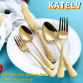 High Quality Cutlery Set Handle Exquisite carving Stainless Steel Golden Tableware Knife Fork Spoon Flatware Set Silverware Set. 
