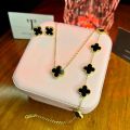 Black Clover Stainless Steel Complete Jewellery Set double sided trendy clover necklace earring with five leaf bracelet. 