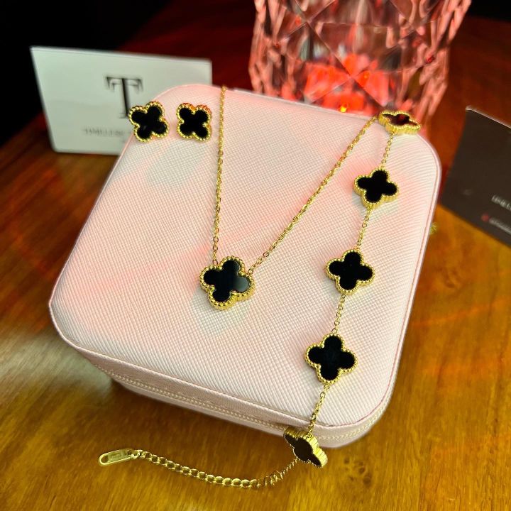 Black Clover Stainless Steel Complete Jewellery Set double sided trendy clover necklace earring with five leaf bracelet