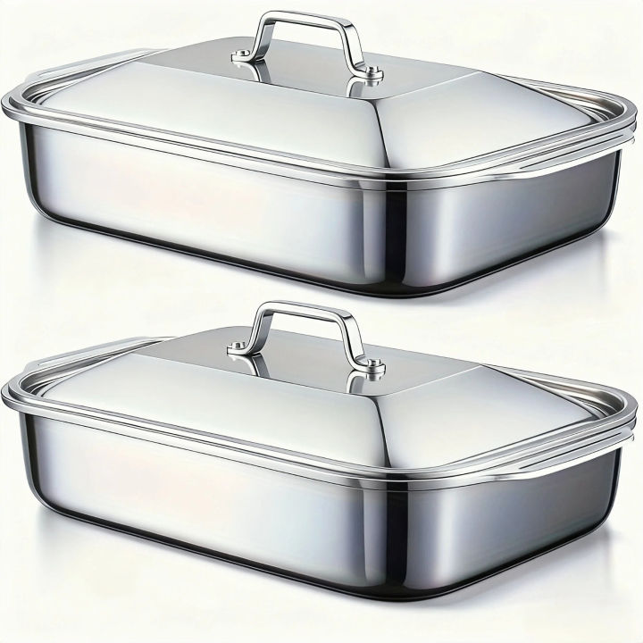 Stainless Steel Covered Roaster Pan Thickened Nonstick Oven Safe with Heat Resistant Handles for Grilling Baking Buffet Serving