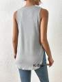 Solid Curved Hem Tank Top Grey Casual Collar Fabric Plain Tank Embellished Medium Stretch Women Clothing. 