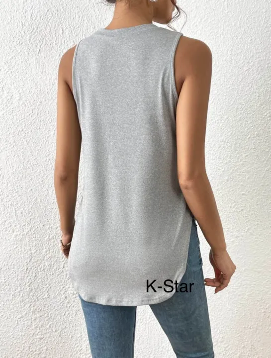 Solid%20Curved%20Hem%20Tank%20Top%20Grey%20Casual%20Collar%20Fabric%20Plain%20Tank%20Embellished%20Medium%20Stretch%20Women%20Clothing%20-%20Image%202