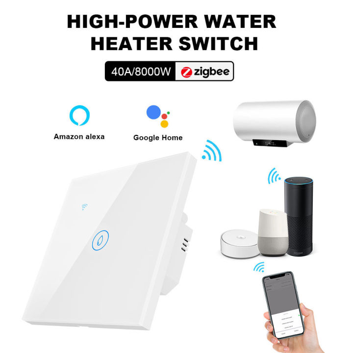 Zigbee Smart WiFi Water Heater Touch Switch, EU Standard, Voice Control, Countdown, Glass Panel, Voice Control