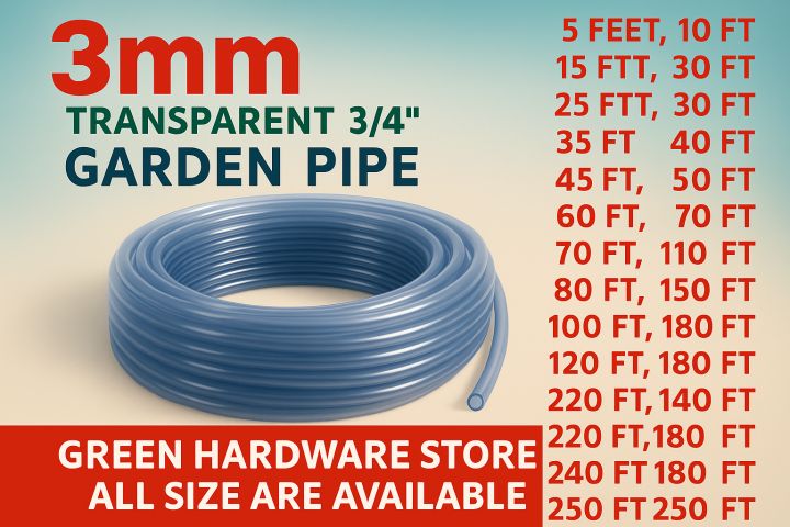 Flexible Transparent Water Pipe 3mm–Transparent Garden Pipe–Multipurpose for Garden, Aquarium, Home & General Water Use (5 Feet & Above)