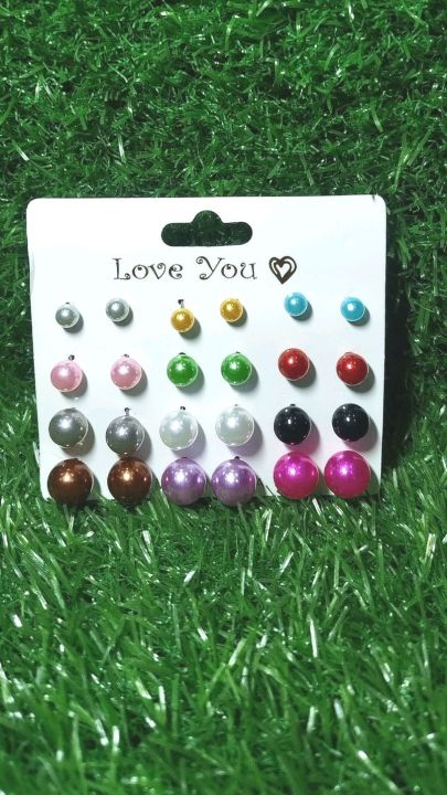 Ear Studs Pearls Multicolour 12 Pairs  in Different Sizes