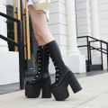 Gdgydh Women's Y2K Side Zipper Platform Boots Knee High Motorcycle Boots Black Closed Toe Lace Up Long Boots. 