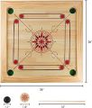 Carrom Board Game - Wooden Strike and Pocket Game Set with Group of Black and Beige Coins, 2 Red Queen Coins, Striker Coin, and Cue Sticks by Hey Play. 