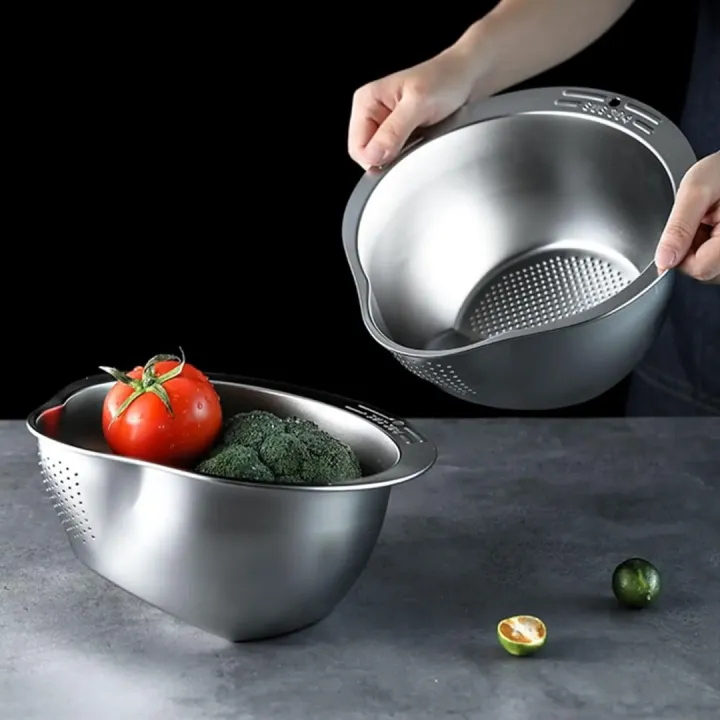Stainless Steel Rice Washing Basin Inclined Bottom Bowl Rice Sieve Colander Fruit and Vegetable Strainer Kitchen Cleaning Tools