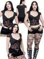 Plus Size V-neck Bow Lace Sheer Blouse Slim-fit Top Y2K Style Halloween Collection Black Cat T-shirt.