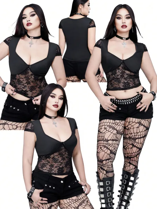 Plus%20Size%20%20%20V-neck%20Bow%20Lace%20Sheer%20Blouse%20%20Slim-fit%20Top%20%20%20%20Y2K%20Style%20%20Halloween%20Collection%20Black%20Cat%20T-shirt%20-%20Image%202