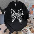 Summer Fashion Trendy Bow Printing Round Neck T-shirt Short Sleeve Large Size Universal Top for Men and Women.