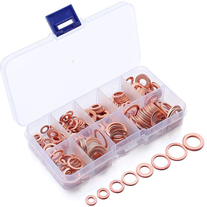 100 PCS Premium Copper Sealing Crush Washers Assortment Kit,Flat Ring Oil Drain Plug Crush Washer Gasket Seal Assortment Set
