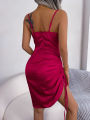 Women Summer  Draw String Satin Spaghetti Strap Bodycon Dress 2026 Casual Club Wear Aprioct Red Black Woman Clothing. 