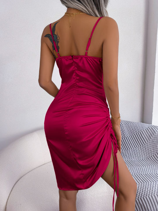 Women%20Summer%20%20Draw%20String%20Satin%20Spaghetti%20Strap%20Bodycon%20Dress%202026%20Casual%20Club%20Wear%20Aprioct%20Red%20Black%20Woman%20Clothing%20-%20Image%204