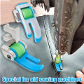 Accessories for old-style household treadle sewing machines: plastic roller presser foot and needle set.