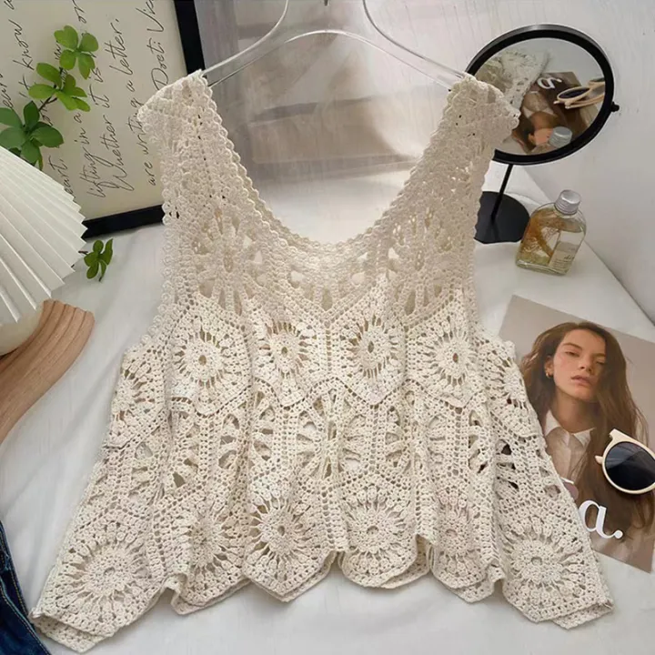 Crochet%20Tank%20Top%20for%20Women%20Sheer%20Open-work%20Sleeveless%20Crop%20Knit%20Top%20Blouse%20Summer%20Boho%20Vacation%20Coverup%20Outfit%20-%20Image%203
