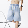 Casual Denim Shorts Men Elastic Waist Straight Comfortable Light Blue Soft Short Pants Baggy Wide Bermuda Male Jeans.