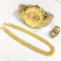 MEN'S FASHION WEDDING WATCH  DEAL TOP FASHION ORIGNAL RH  HIGH QUALITY GOLDEN LUXURIES STAINLESS STEEL ROUND DIAL WITH STAINLESS STEEL STRAPS WATCH WITH GOLDEN CHAIN BRACLET WITH TITANIUM STAINLESS STEEL GOLDEN RING FOR MEN AND BOYS. 
