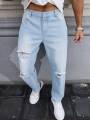 Men's Light Blue Ripped Jeans for Spring and Autumn. Casual Denim Trousers. Street Ripped Daily Casual. 
