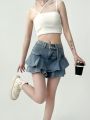 Spice Girls Denim Skirt Anti-Slip Double Denim Skirt Women's Stretch High-Waisted Slimming A-Line Cake Skirt.