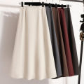 High Waist Mid Length Skirts A-Line Mini Skirt Women's Slimming Black Autumn Elastic Waist Design Solid Color Versatile Skirt.