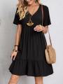 Women Elegant Short Sleeve V Neck Ruffles Dress Summer Casual Solid Loose Mini Dress Chic Bohemian Sundress Beach Party Vestidos. 