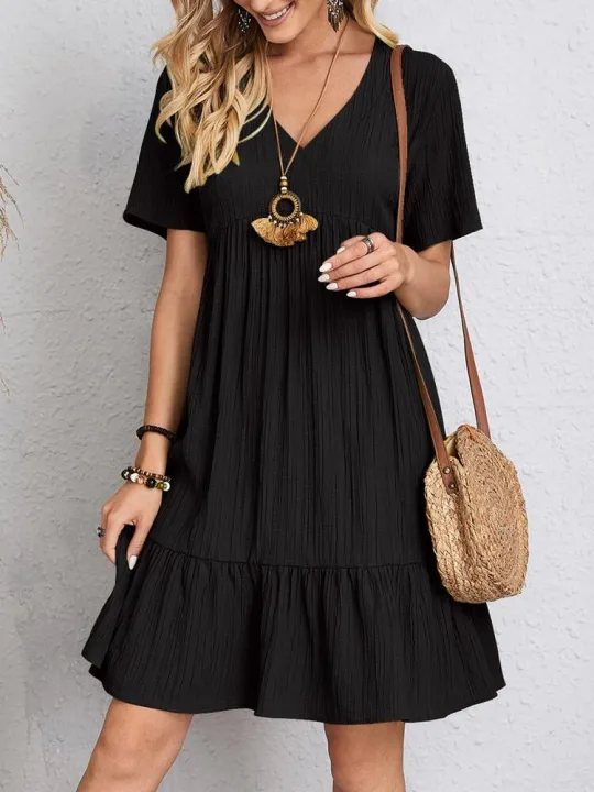 Women%20Elegant%20Short%20Sleeve%20V%20Neck%20Ruffles%20Dress%20Summer%20Casual%20Solid%20Loose%20Mini%20Dress%20Chic%20Bohemian%20Sundress%20Beach%20Party%20Vestidos%20-%20Image%206