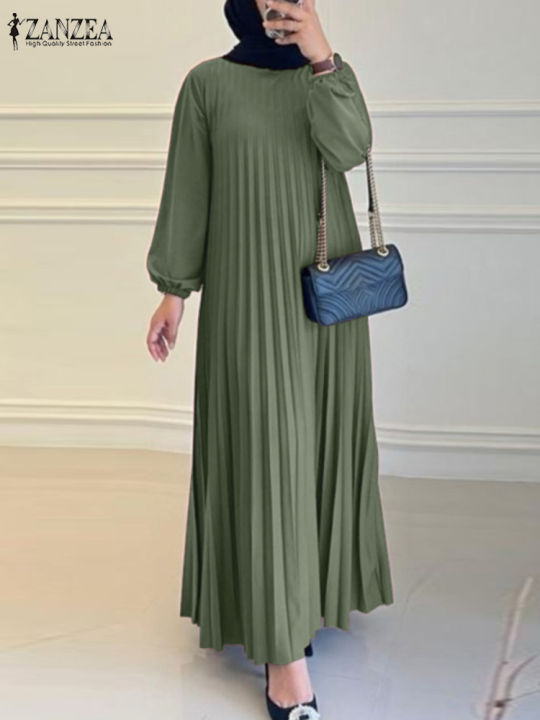 2025%20ZANZEA%20Autumn%20Elegant%20Dresses%20Women%20O%20Neck%20Long%20Sleeve%20Sundress%20Muslim%20Dubai%20Abaya%20Robe%20Femme%20Solid%20Pleated%20Maxi%20Vestidos%20-%20Image%202