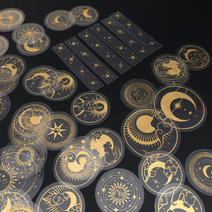 70%20pcs%20Glitter%20Gold%20PET%20Adhesive%20Stickers%20Waterproof%20Transparent%20Label:%20SUN%20MOON%20Stars%20Etc%20-%20Image%203