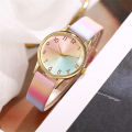 Fashion Women's Gold Gradient Rainbow Watch Pink Blue Dial Leather Strap Quartz Wristwatch. 