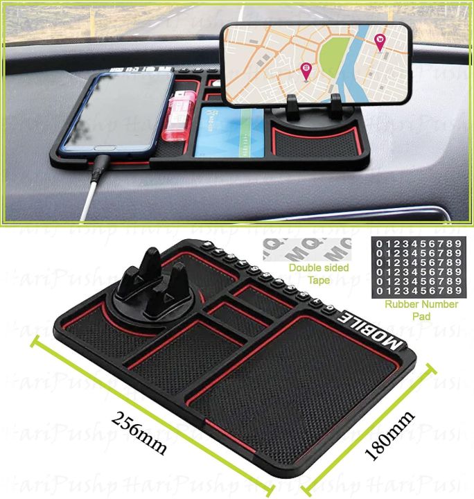 Car Dashboard Anti Slip Phone Mat with 360 Degrees Rotating Phone Holder Non-Slip Multifunctional 6 in 1 Anti-Skid Phone Mat with Parking Numbers for Coins Keys Cell Phones