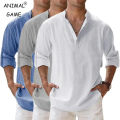 Streetwear Men Lightweight Shirts Long Sleeve Henley Cotton Linen Shirts for Men Beach Hawaiian Shirts Breathable Collar Tshirts.
