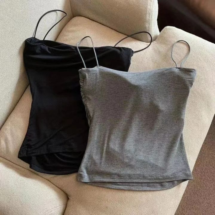Women's%20Sleeveless%20Pleated%20Slim%20Fit%20Vest%20%20Hot%20Girl%20Short%20Top%20With%20Thin%20Shoulder%20Straps%20Solid%20Color%20Simple%20Fashion%20Vest%20-%20Image%202