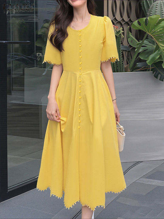 2025%20ZANZEA%20Elegant%20Women%20Midi%20Dresses%20Office%20Sundress%20Casual%20Short%20Sleeve%20Butttons%20Up%20Vestidos%20Robe%20Stylish%20A%20Line%20Party%20Dress%20-%20Image%202