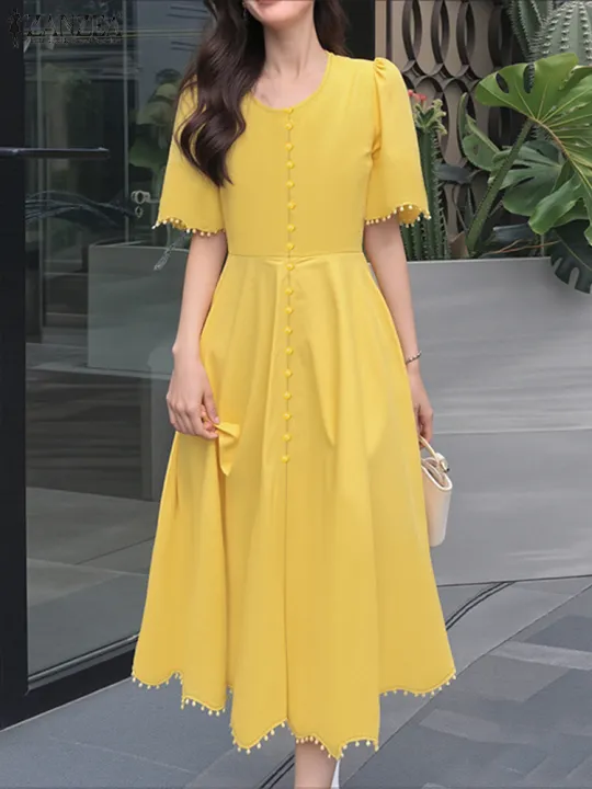 2025%20ZANZEA%20Elegant%20Women%20Midi%20Dresses%20Office%20Sundress%20Casual%20Short%20Sleeve%20Butttons%20Up%20Vestidos%20Robe%20Stylish%20A%20Line%20Party%20Dress%20-%20Image%202