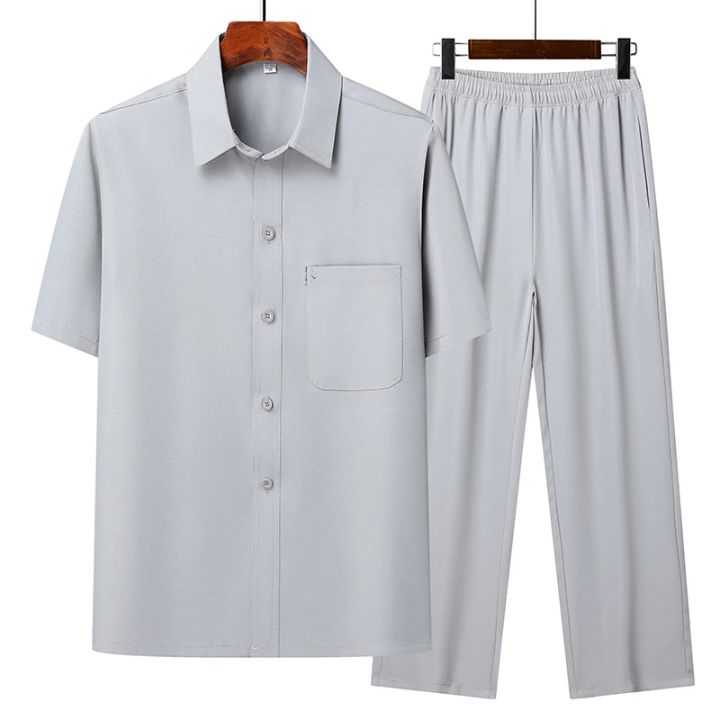 (Top%20+%20Pants)%20Summer%20Leisure%20All%20Match%20Middle-aged%20and%20Old%20Dad%20Men%20Fashion%20Trend%20Grandpa%20Loose%20Lapel%20Half-sleeve%20Shirt%20Set%20-%20Image%204