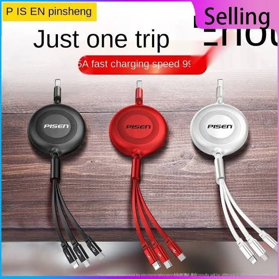 Pisen 3 IN 1 Retractable Charging Data Cable Black/White/Red/Purple Foldable Cable from USB to Type-C, Iphone, Android  Pouch Packing